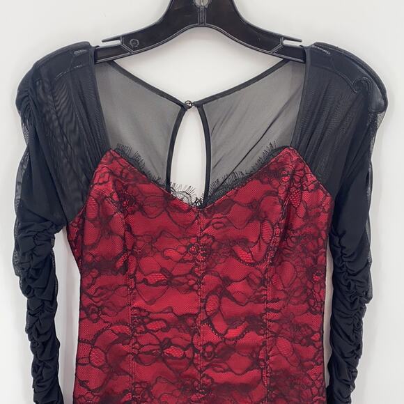 Bebe Red Black Lace Overlay Bodycon Dress Size XS - Picture 2 of 16